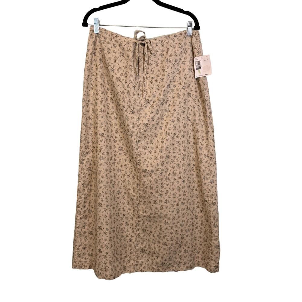 Liz Claiborne Lizwear Maxi Skirt 10 Floral Linen Blend Slit Drawstring Tan NWT